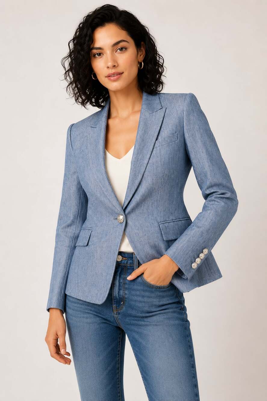 Veronica Beard Dickey Jacket Linen Blend Chambray Blue One-Button Blazer Size 10